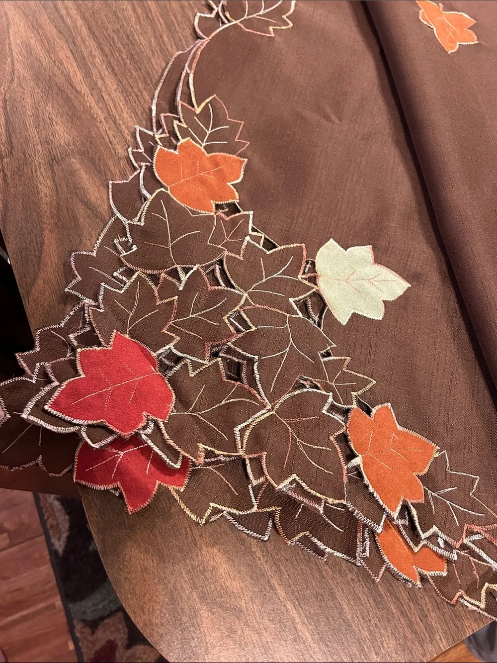 Autumn Leaf Embroidered Brown Table Cloth - Fall Leaf Accents